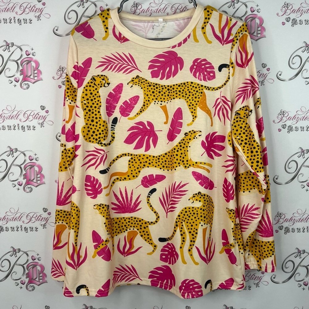 Long sleeve Cheetah Leopard Print Long Sleeve Top pink yellow cream